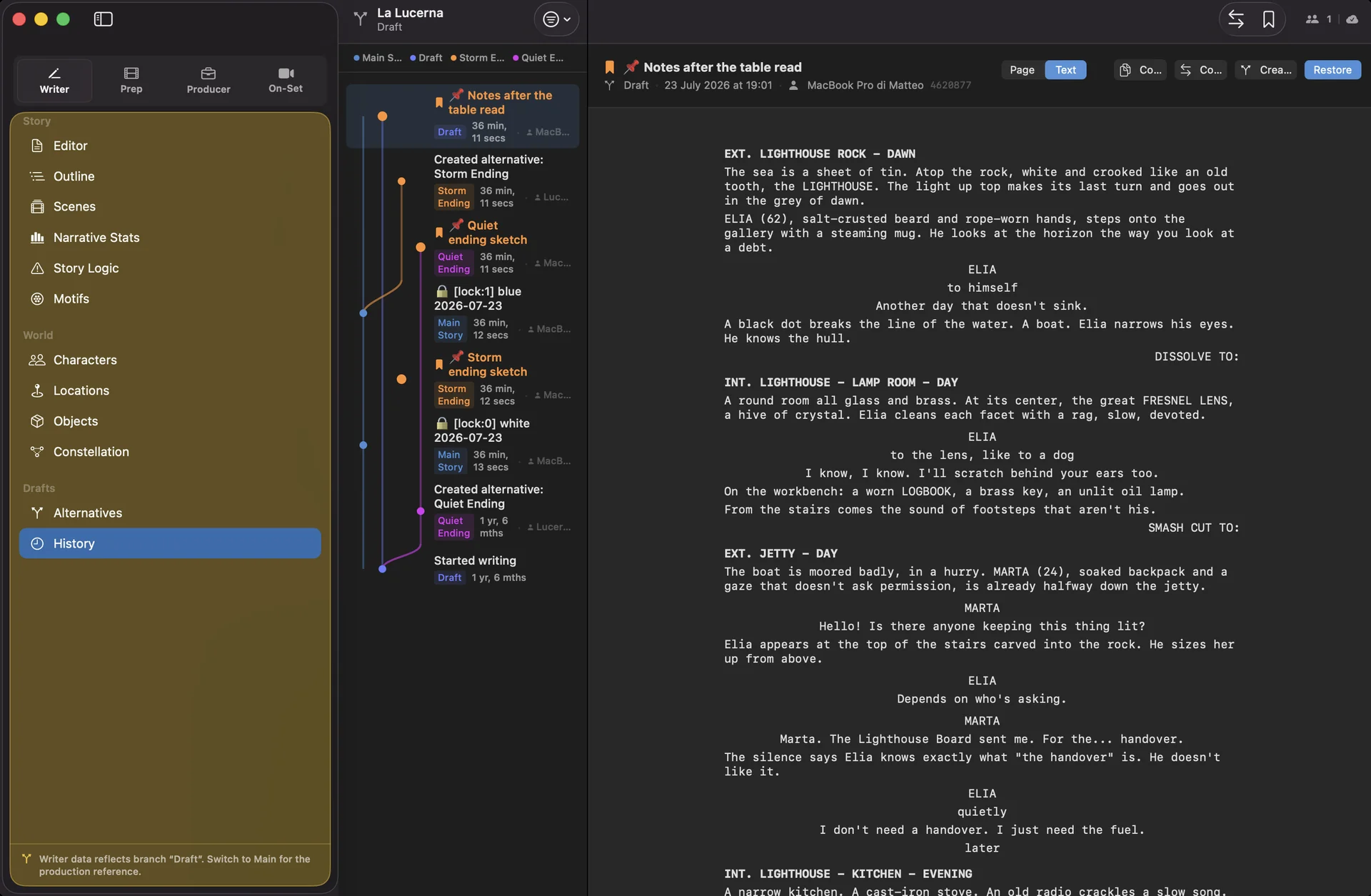 Project history: drafts and alternate endings in colored lanes, the page open beside them