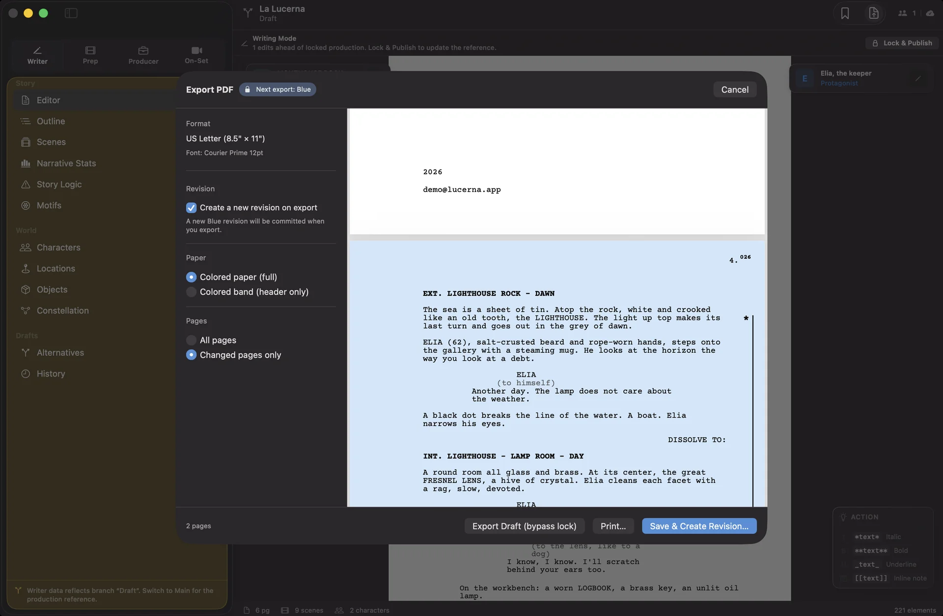 Export PDF: a Blue revision, changed pages only, asterisk in the margin