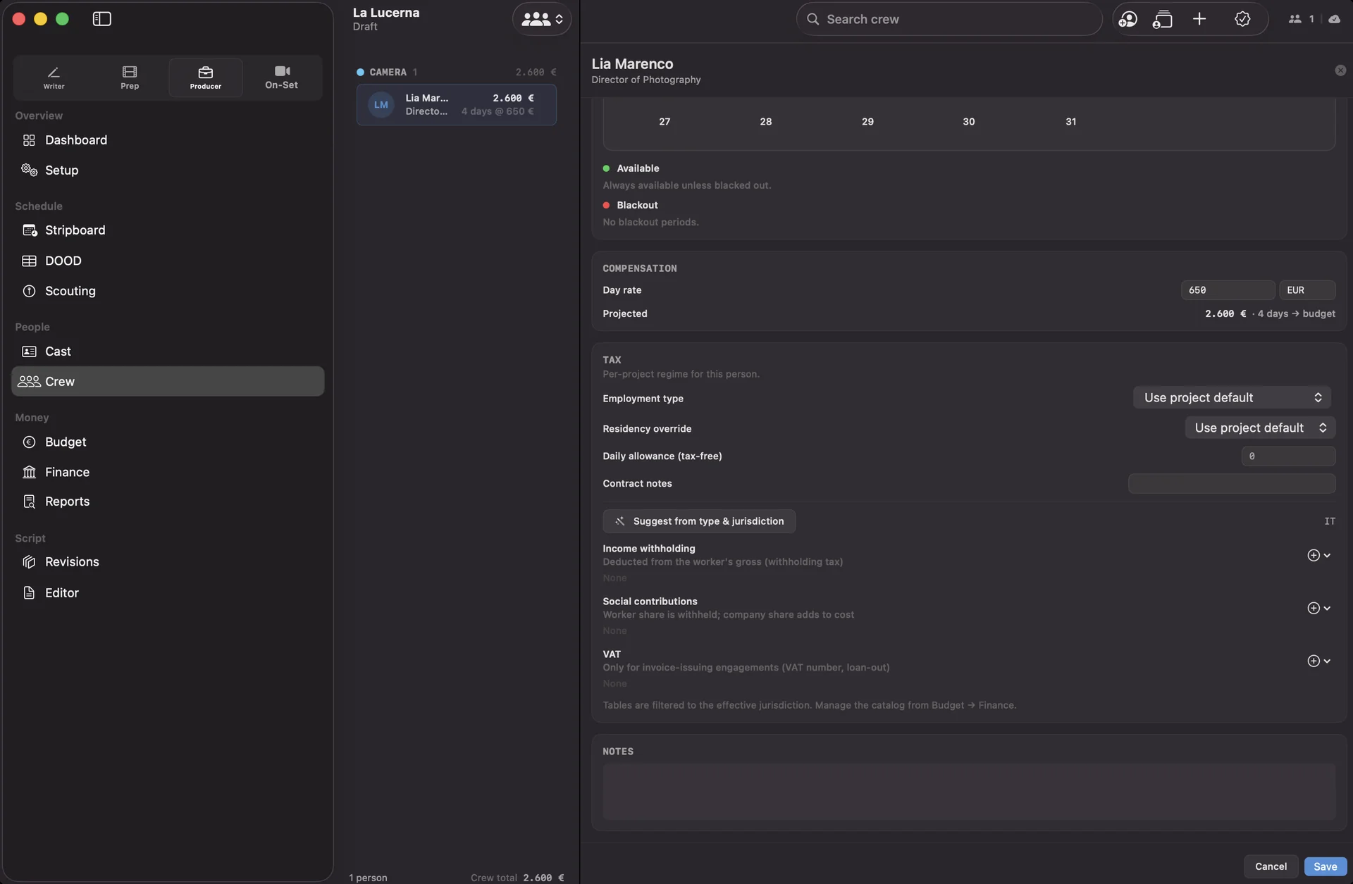 Crew rate card: day rate, projected cost, withholding, social contributions, VAT